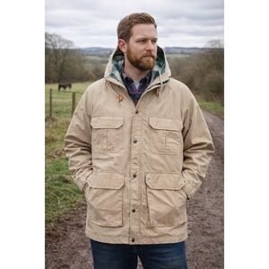 Mountain Trails Vintage Mens Tan Utility Jacket Plaid Lined Hooded Size XL